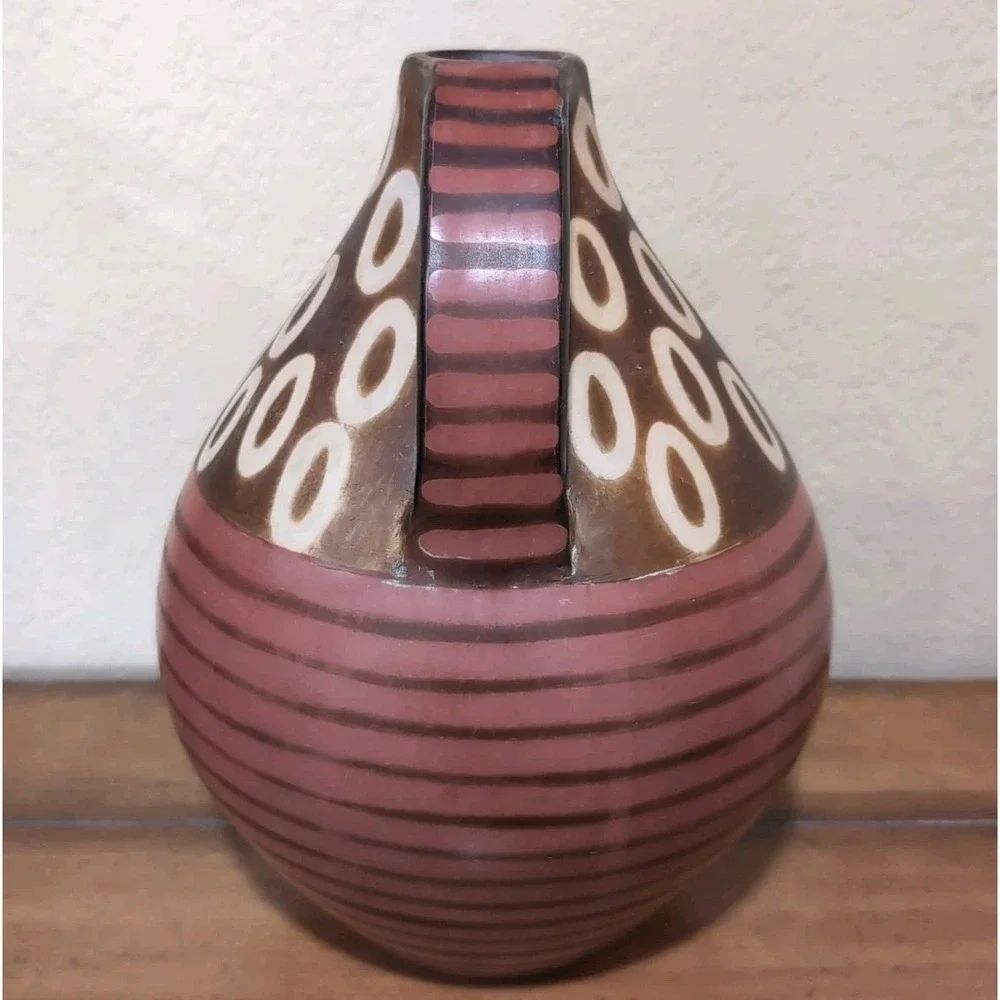 VTG Alex Calle Pottery‎ Jug Vase Signed Brown Geometric Modernist Peru Folk Art